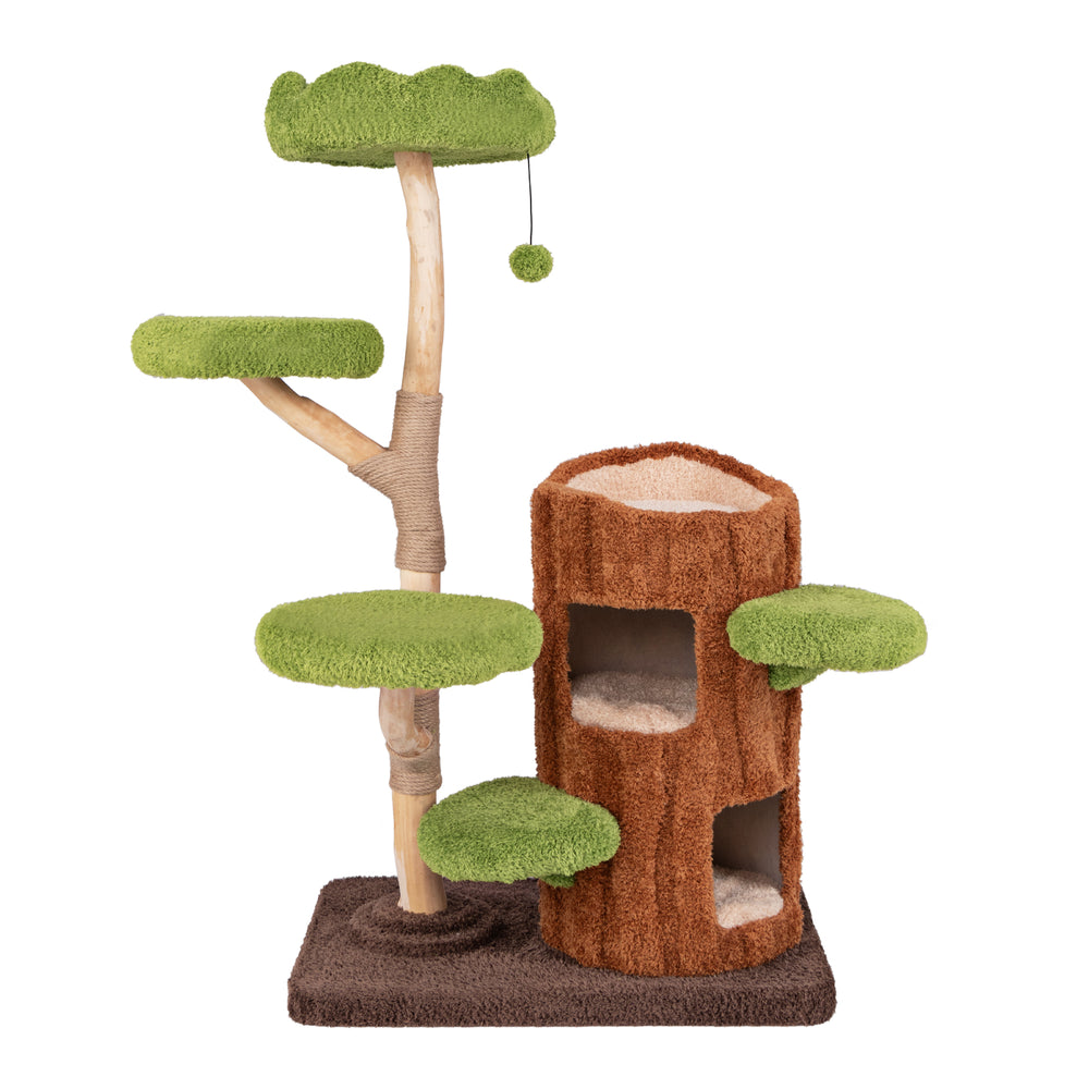 Multi-level cat tree with double decker house, sisal scratching post, and green perches for feline exploration and.