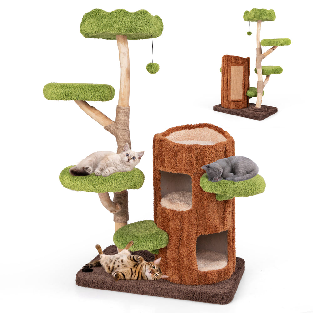 Multi-level cat tree with double decker house, sisal scratching post, and green perches for feline relaxation and play.