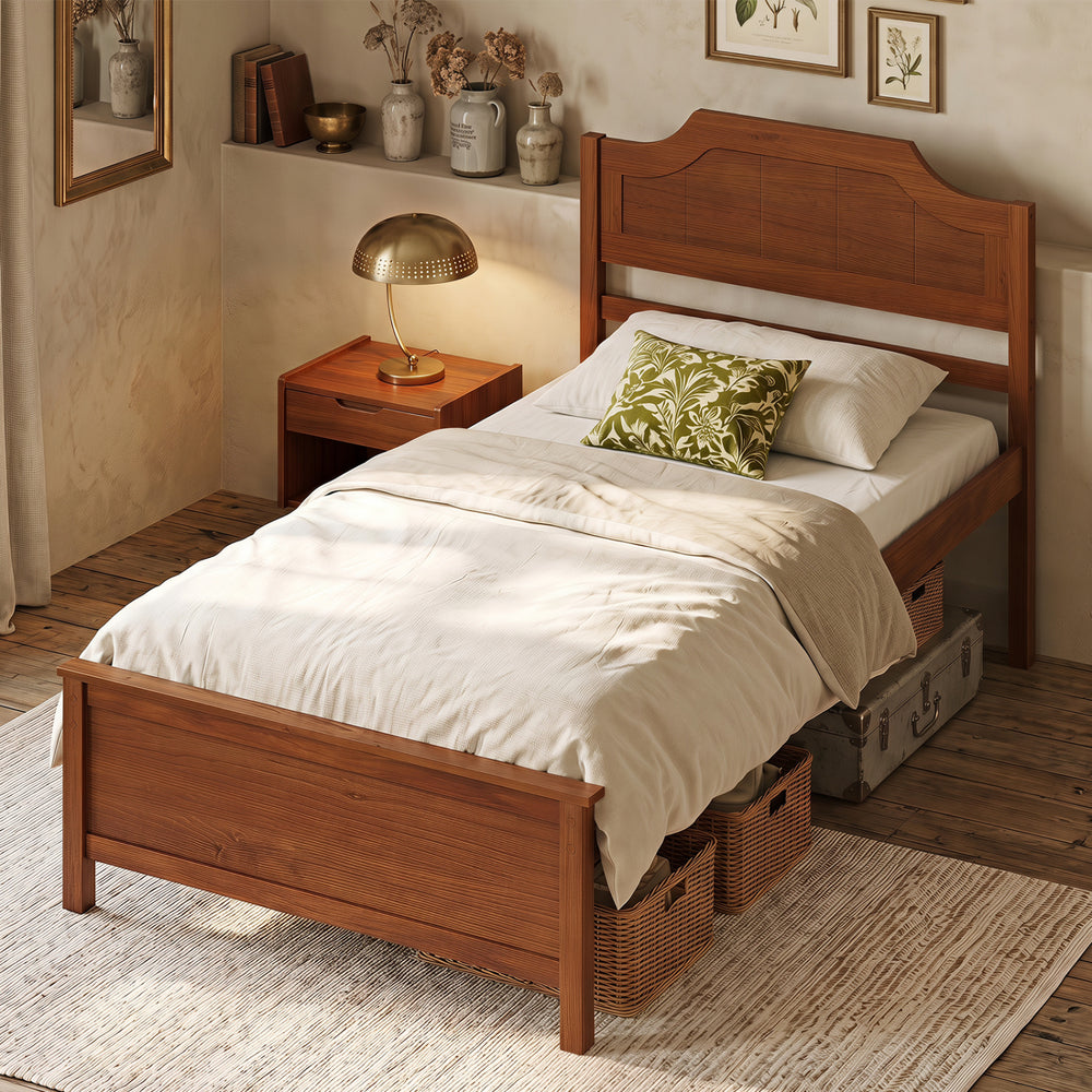 Solid wood twin platform bed frame in walnut with headboard, featuring under-bed storage and sturdy plywood slats for support.