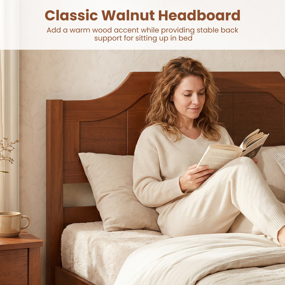 Walnut headboard of the solid wood platform bed frame provides sturdy back support for comfortable sitting in bed.