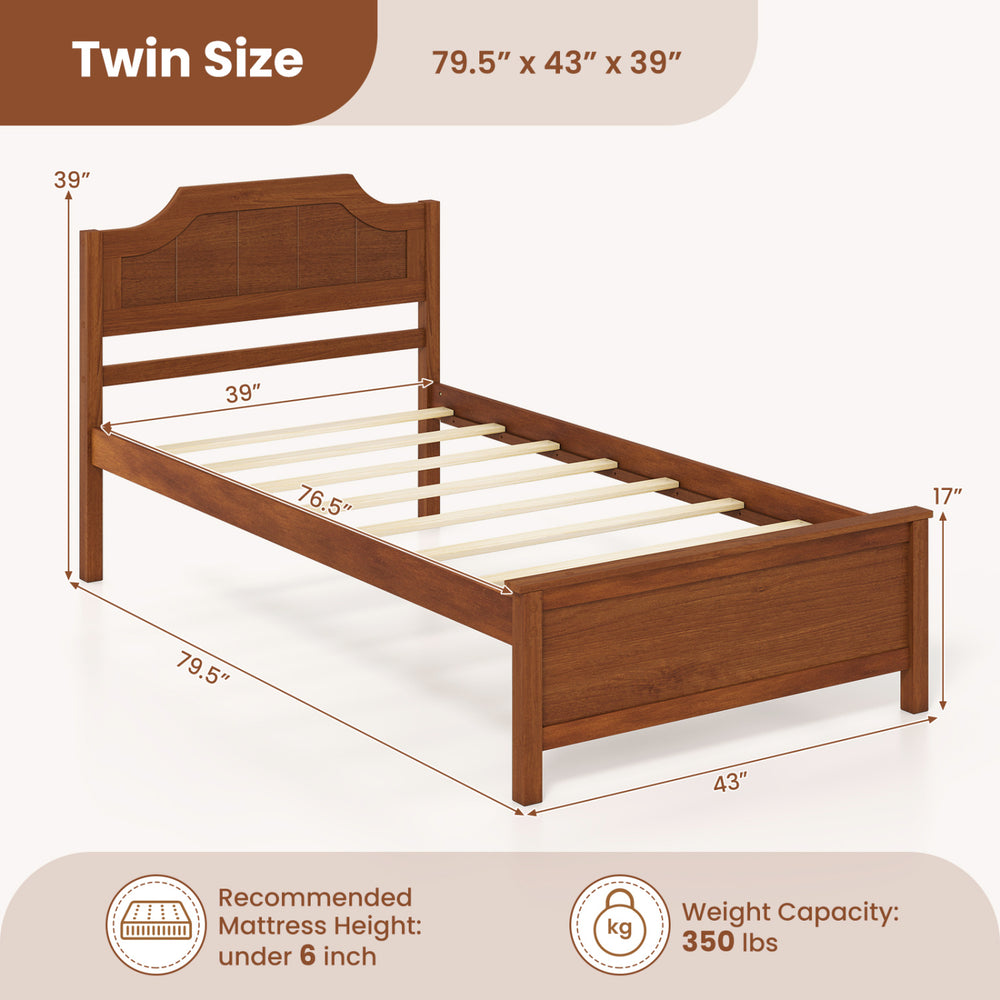 Twin size solid wood platform bed frame in walnut with 17-inch height for easy under-bed storage and stability.