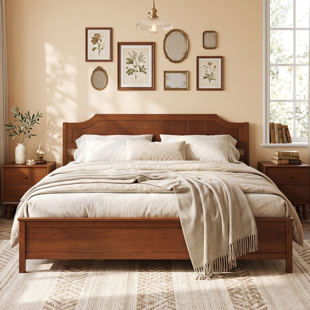Multiple Size Solid Wood Platform Bed Frame with Headboard in Walnut-King Size - Gallery View 1 of 11