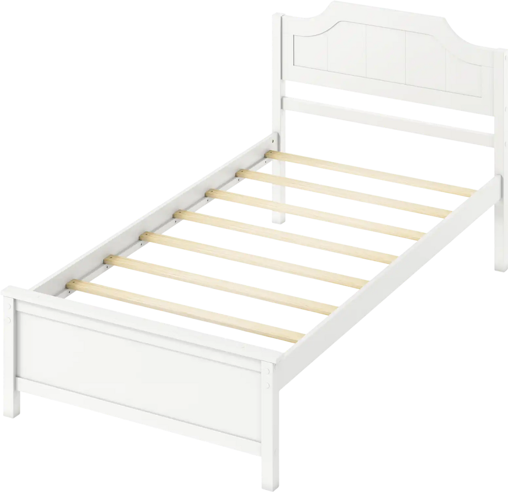 Twin size solid wood platform bed frame in white with sturdy headboard and 8 plywood slats for mattress support.
