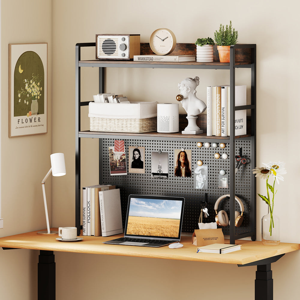 Multipurpose 2-Tier Desktop Bookshelf with Pegboard for up to 32 Inch Computer Monitor-Rustic Brown - Gallery View 1 of 10