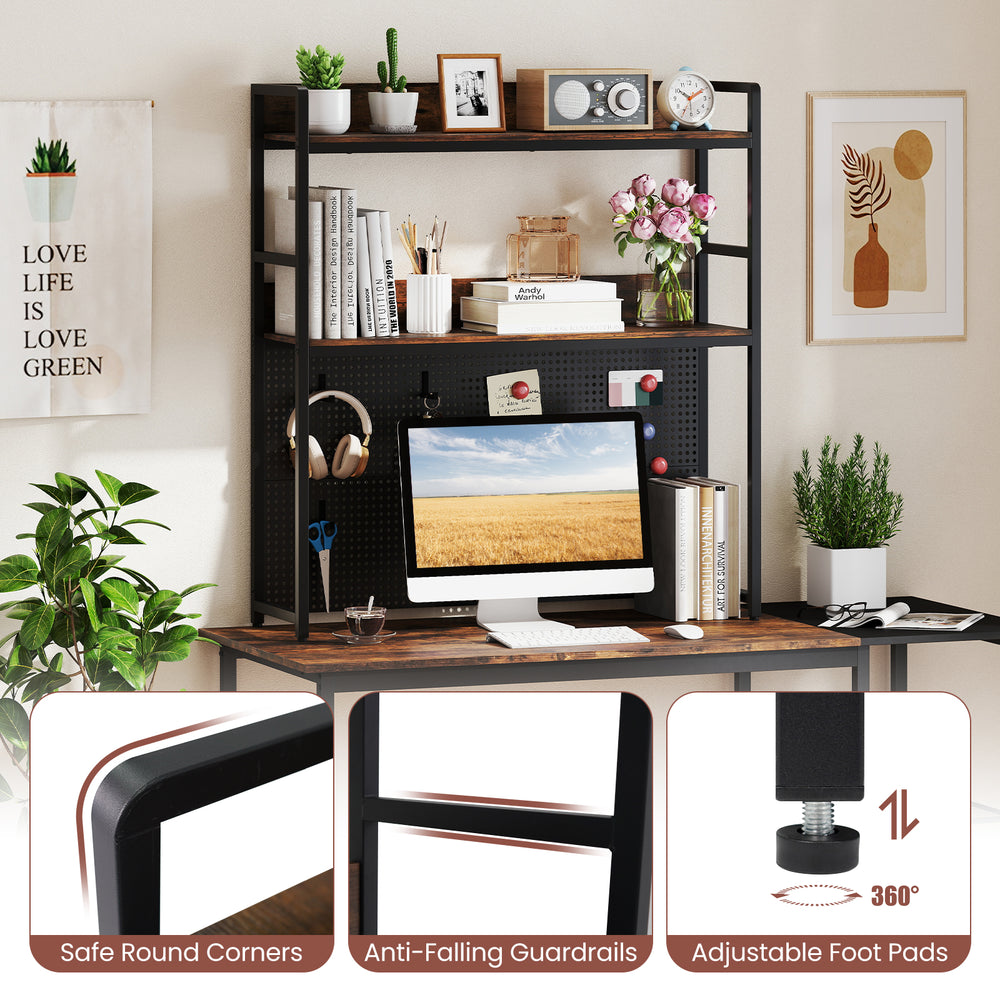 2-tier rustic brown desktop bookshelf with pegboard, designed for monitors up to 32", featuring anti-falling guardrails.