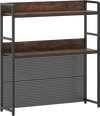 2-tier desktop bookshelf in rustic brown with pegboard, designed for monitors up to 32 inches, ideal for workspace.