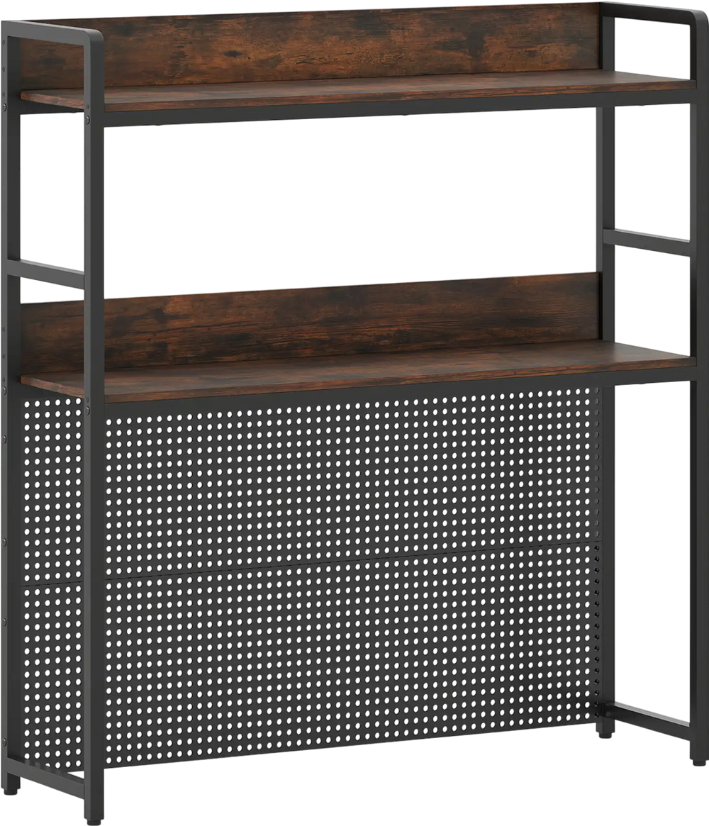 2-tier desktop bookshelf in rustic brown with pegboard, designed for monitors up to 32 inches, ideal for workspace.