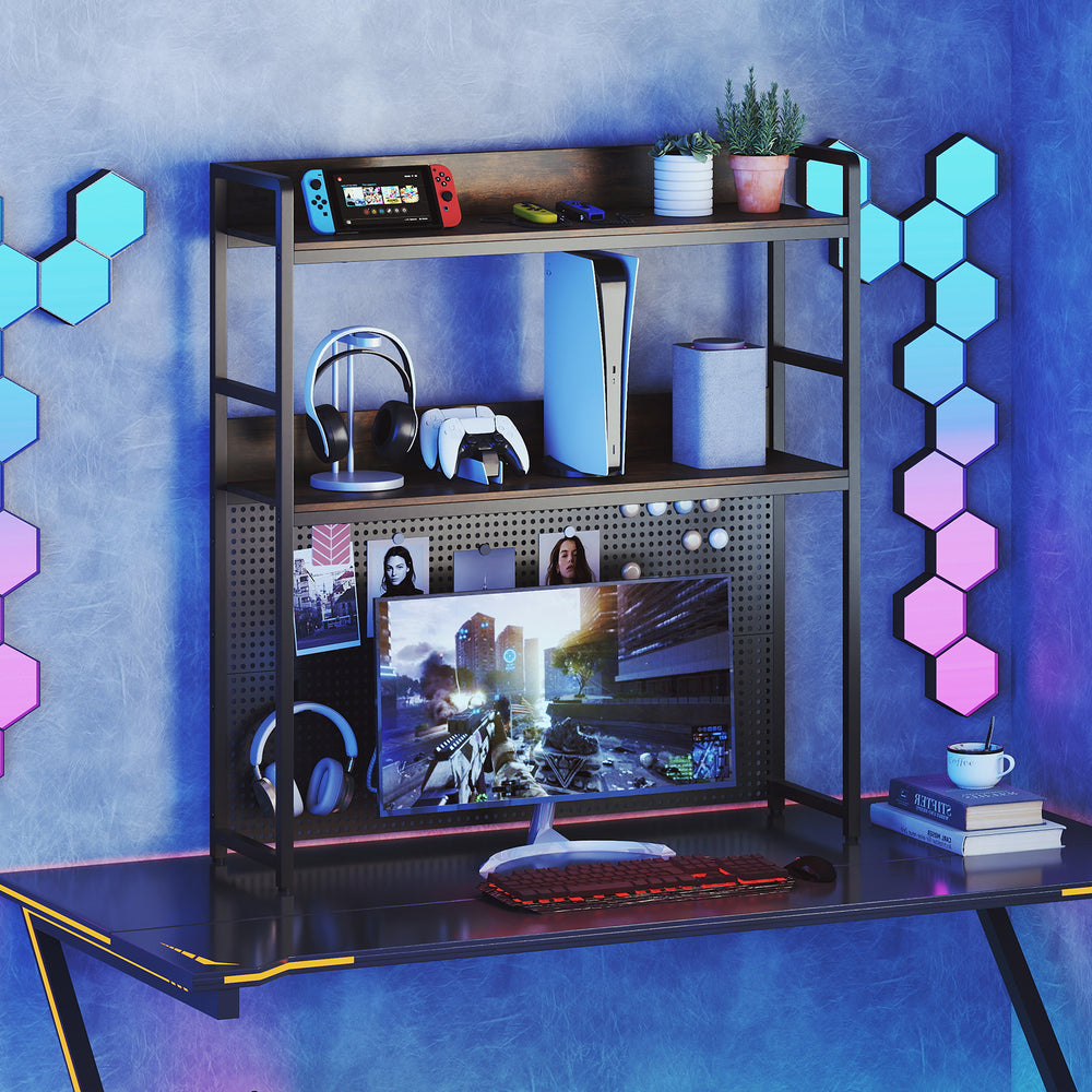 Multipurpose 2-tier desktop bookshelf in rustic brown with pegboard, designed for up to 32-inch monitors and clever.