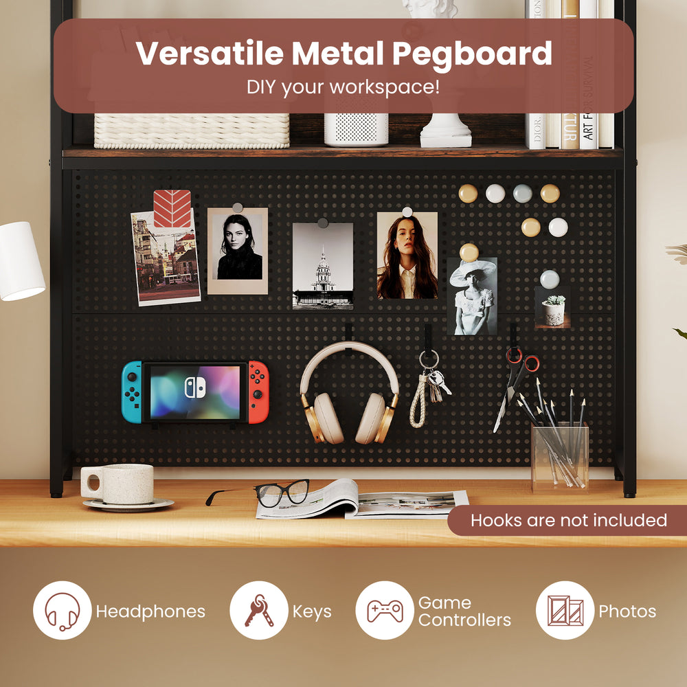 2-tier desktop bookshelf with versatile metal pegboard, designed for monitors up to 32", ideal for organizing workspace.
