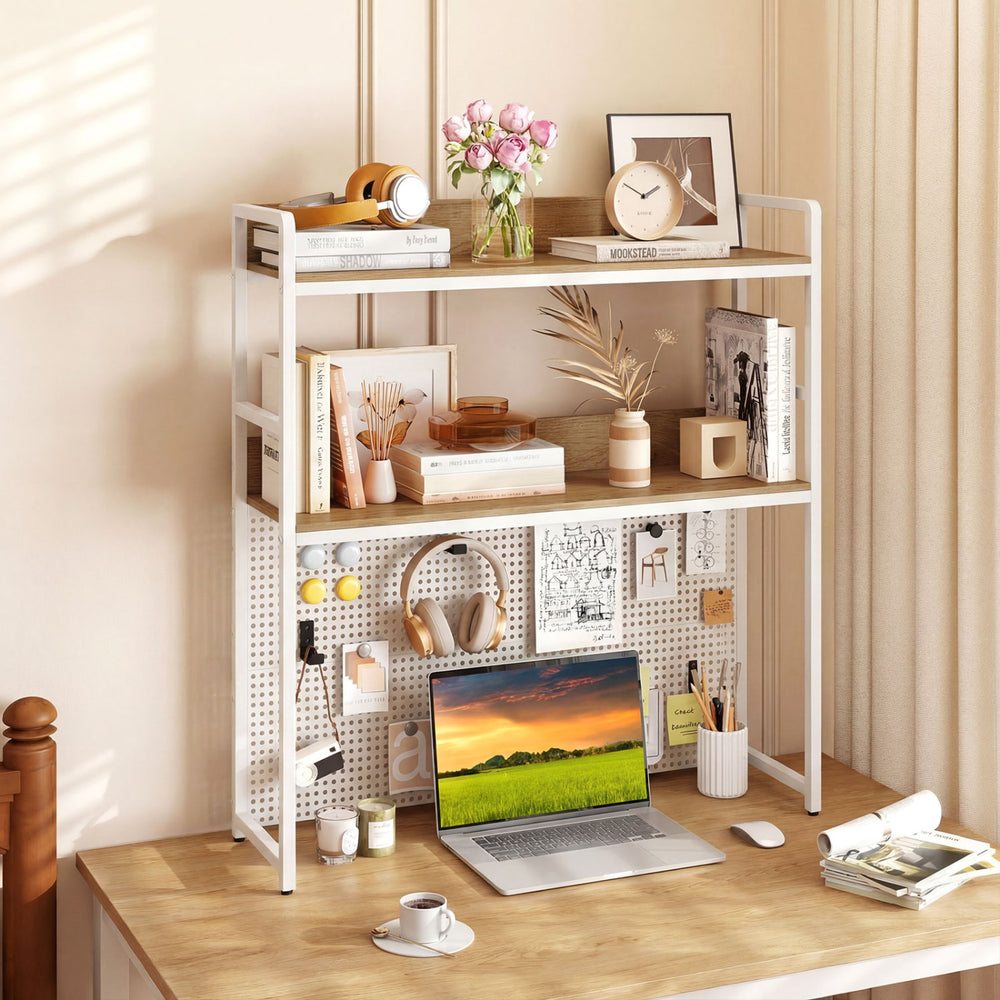Multipurpose 2-Tier Desktop Bookshelf with Pegboard for up to 32 Inch Computer Monitor-Natural - Gallery View 1 of 10