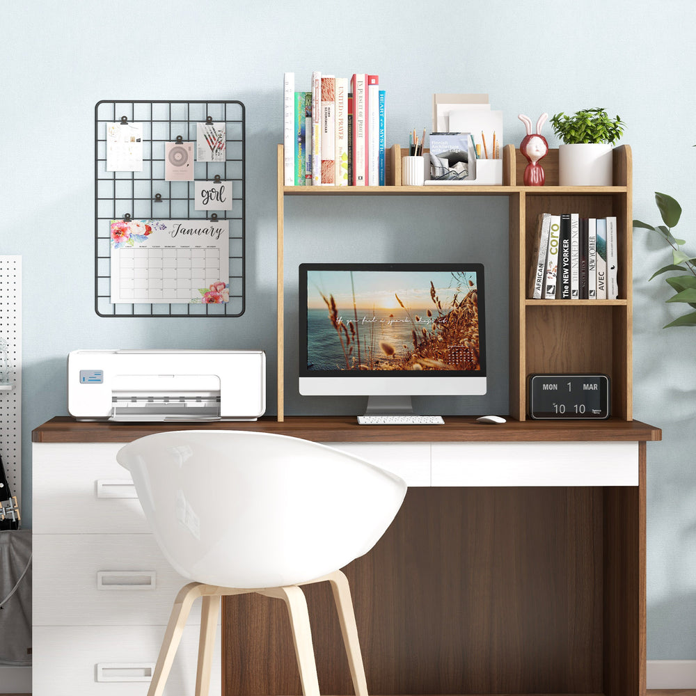 3-tier multipurpose desk bookshelf in natural finish with computer monitor, organized shelves, and anti-toppling.