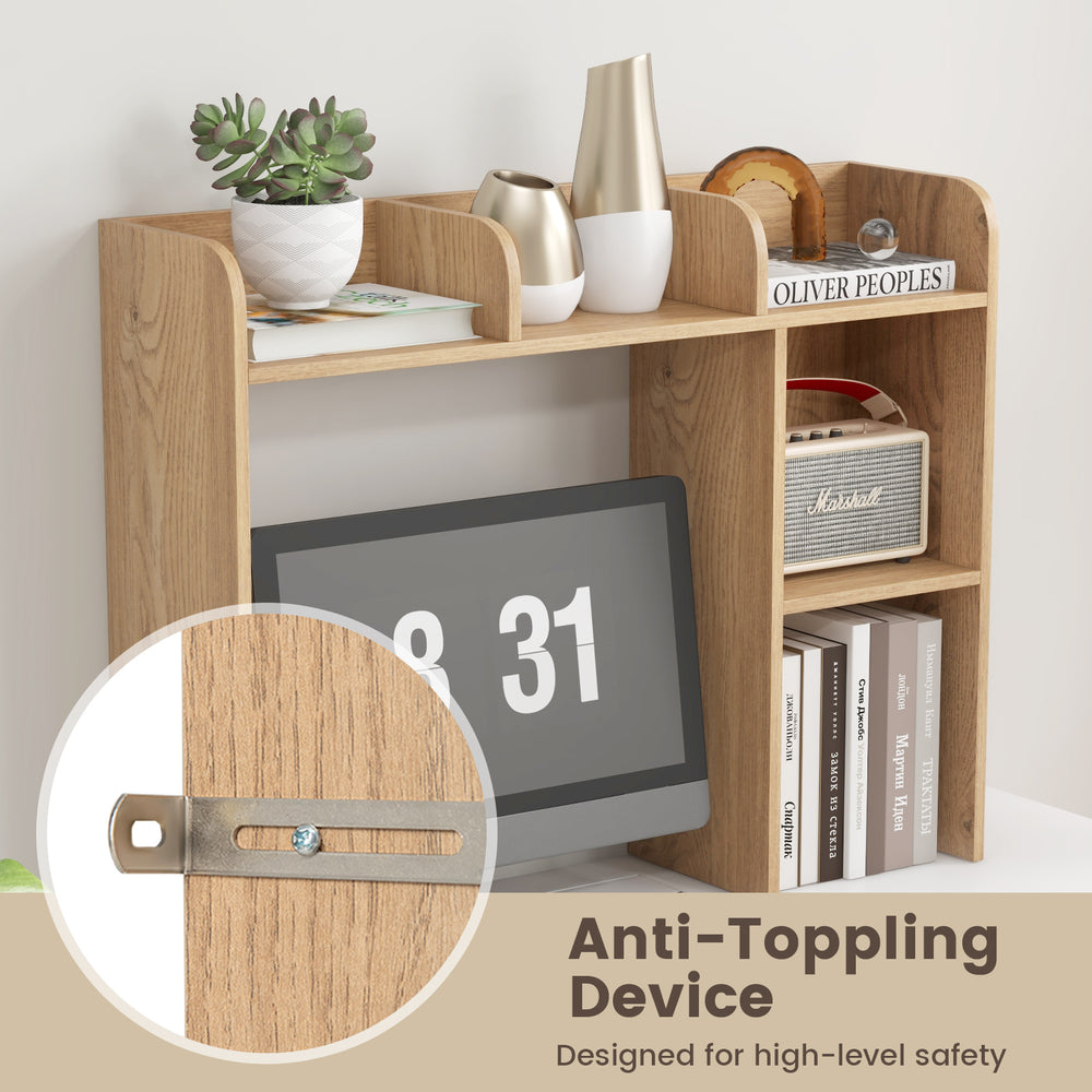 3-tier multipurpose desk bookshelf in natural finish with anti-toppling device, designed for safety and organization.