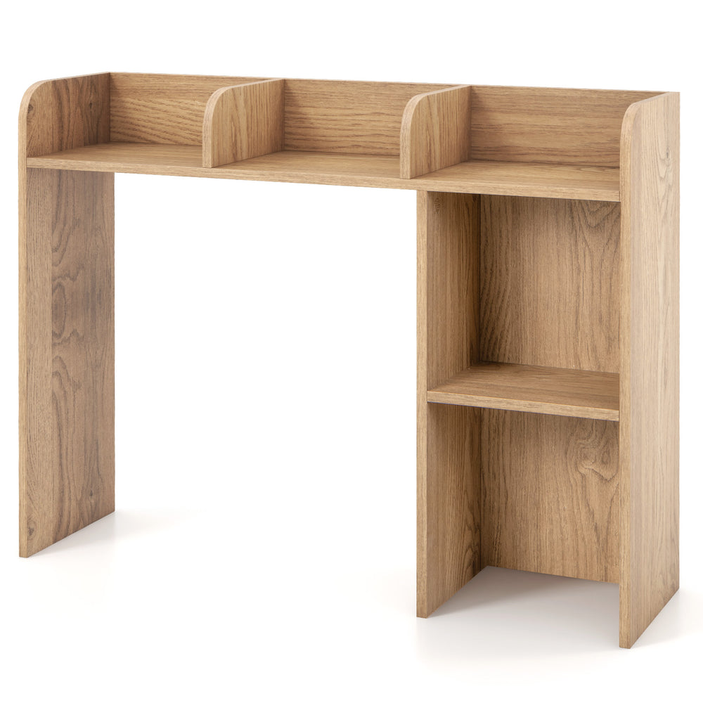 3-tier multipurpose desk bookshelf in natural finish with 4 shelves, designed for computer organization and safety.