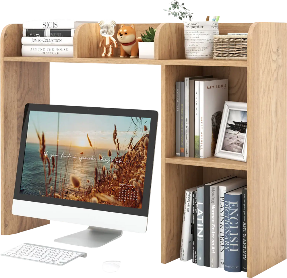 3-tier multipurpose desk bookshelf in natural finish with 4 shelves, designed for organizing computers and books.