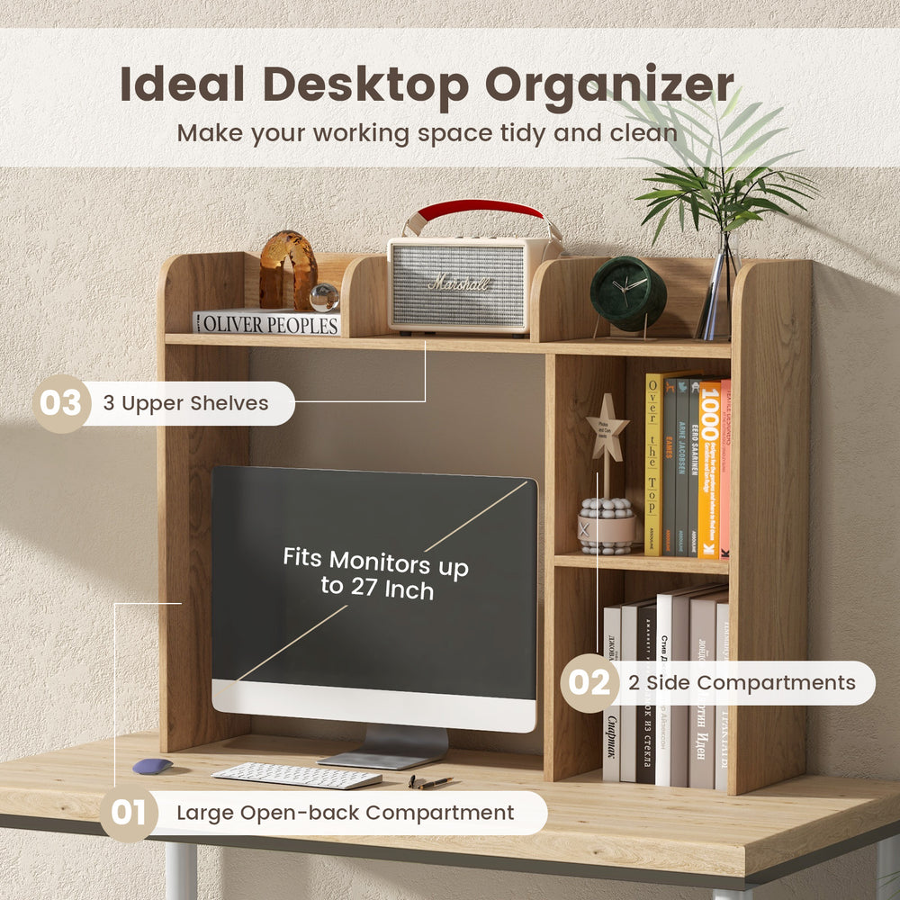 3-tier natural desk bookshelf with 4 shelves, designed for monitors up to 27 inches, ideal for organized workspace.