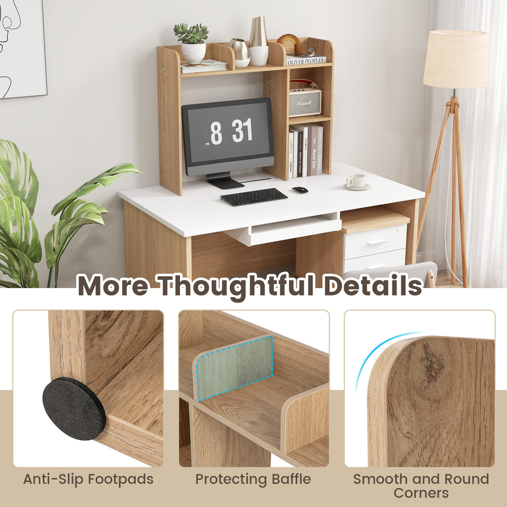 3-tier multipurpose desk bookshelf in natural finish with anti-slip footpads and smooth round corners for safe use.