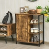 Freestanding storage cabinet with 3 open shelves and doors, made of engineered wood and metal, ideal for entryway.