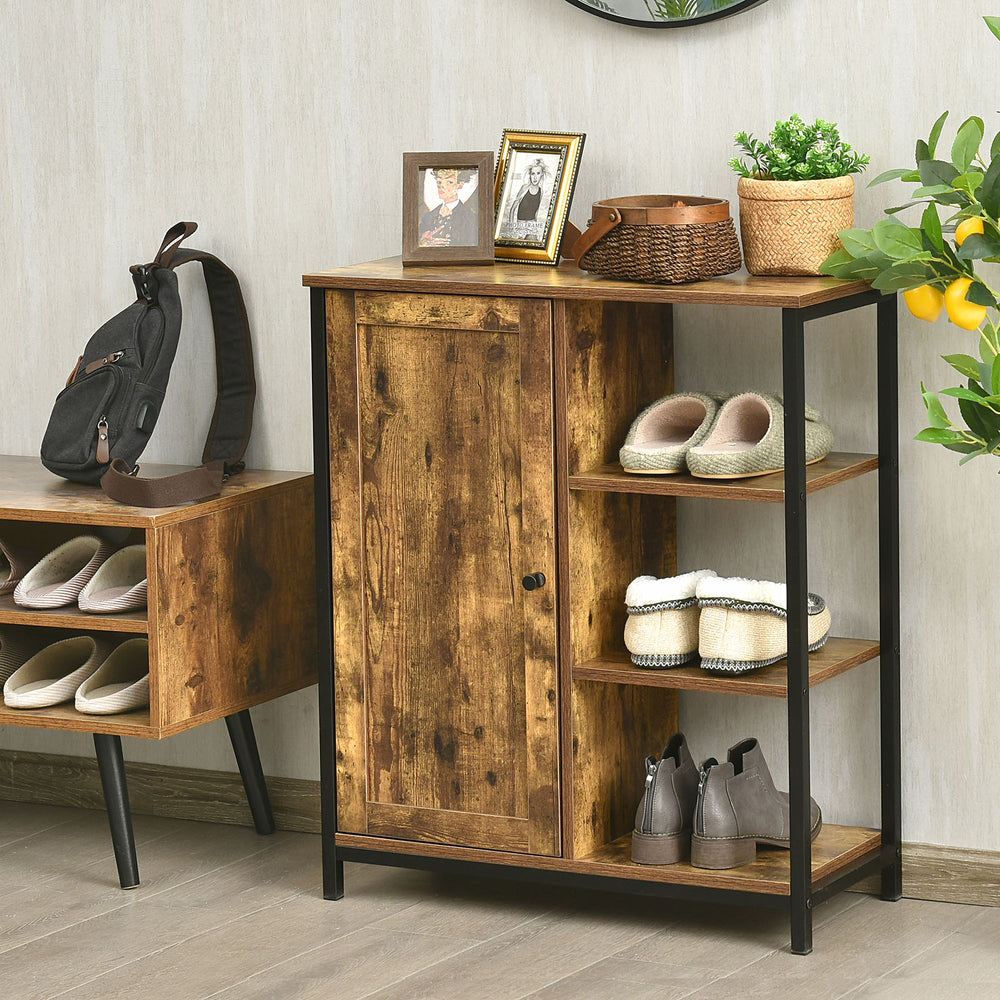 Freestanding storage cabinet with 3 open shelves and doors, made of engineered wood and metal, ideal for entryway.