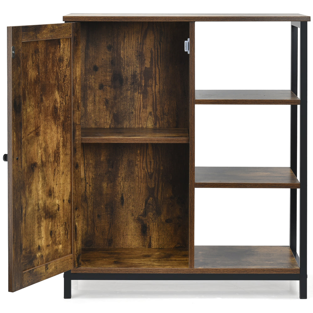 Freestanding storage cabinet with 3 open shelves and doors, made of engineered wood and metal, ideal for versatile home.