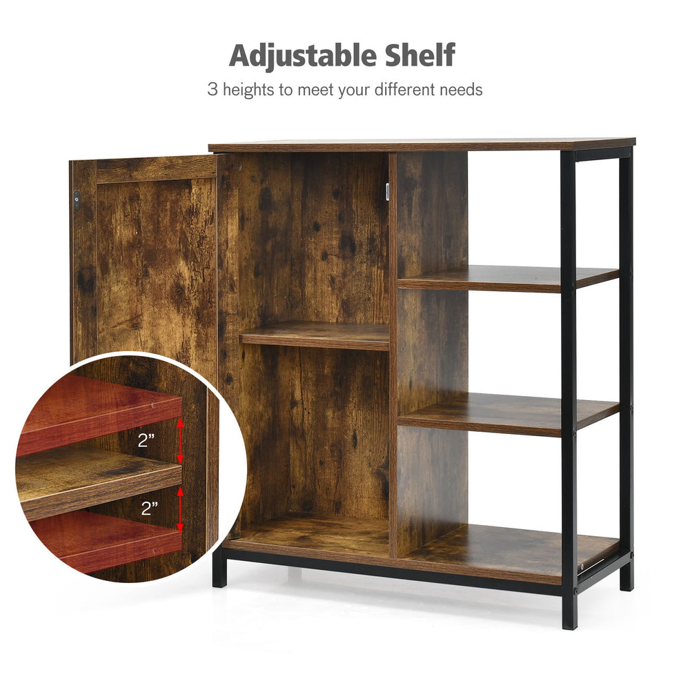 Freestanding storage cabinet with 3 open shelves and adjustable middle shelf, perfect for living room or kitchen.