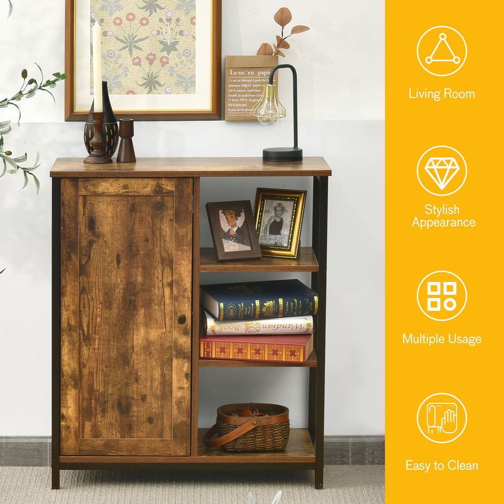 Multipurpose freestanding storage cabinet with 3 open shelves and doors, made of engineered wood for versatile home use.