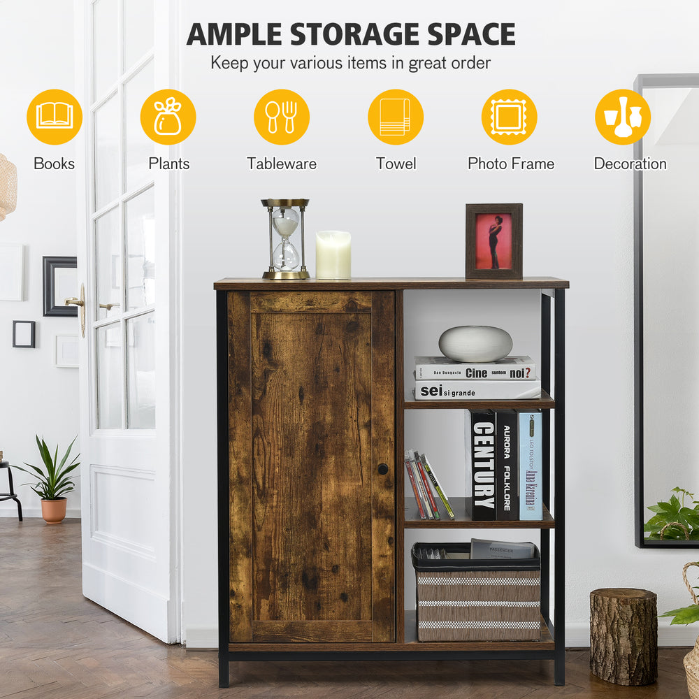 Multipurpose freestanding storage cabinet with 3 open shelves and doors, featuring a rustic wood finish for versatile.