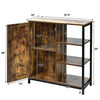 Multipurpose freestanding storage cabinet with 3 open shelves, doors, and adjustable middle shelf for versatile storage.
