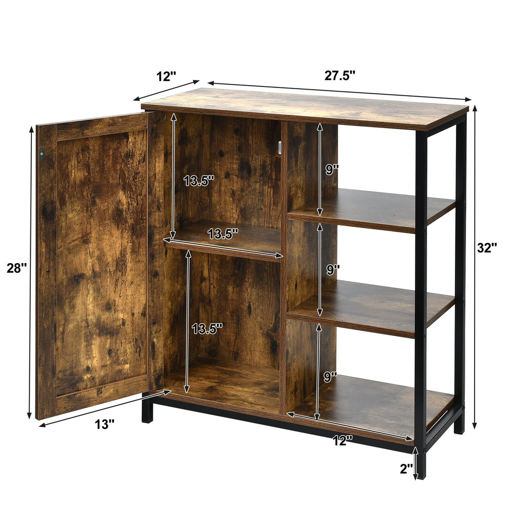 Multipurpose freestanding storage cabinet with 3 open shelves, doors, and adjustable middle shelf for versatile storage.