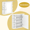 Dimensions of the white multipurpose wall-mounted bathroom storage cabinet with mirror, featuring 6 open racks and 4.