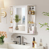 Wall-mounted white mirror cabinet with 6 open shelves and 4 inner shelves for organized bathroom storage.