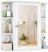 Wall-mounted white bathroom storage cabinet with mirror, featuring 6 open racks and 4 adjustable inner shelves for.