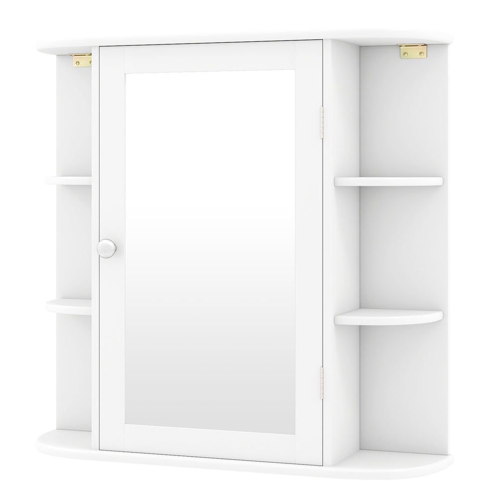 Front view of the white multipurpose wall-mounted bathroom storage cabinet with mirror, showcasing 6 open racks and.