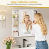 Wall-mounted white bathroom storage cabinet with built-in mirror, featuring 6 open racks and 4 inner shelves for.