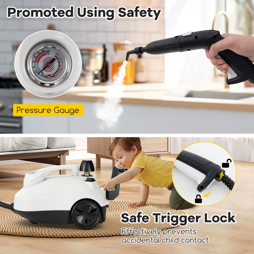 Multipurpose steam cleaner with pressure gauge and safe trigger lock, ideal for deep cleaning various surfaces.