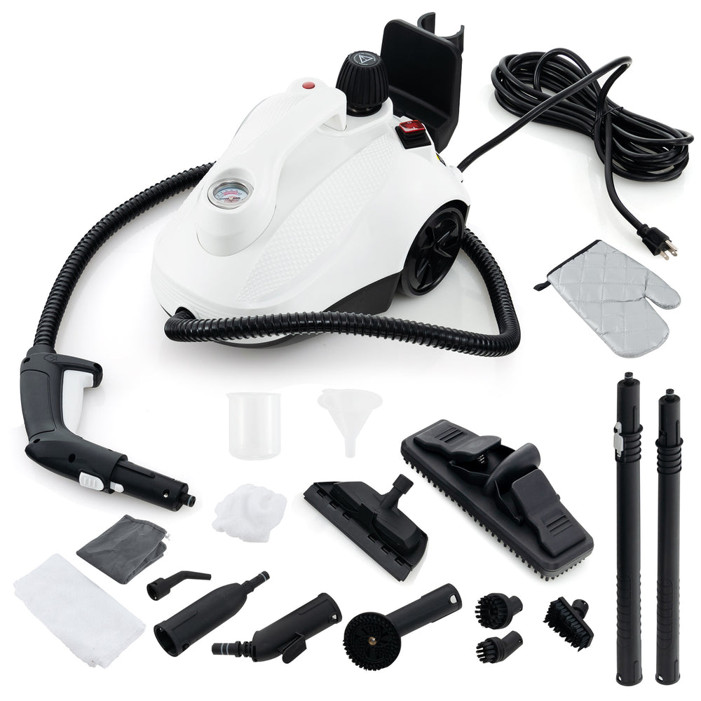 Multipurpose steam cleaner with 61 oz tank, includes various attachments for efficient deep cleaning in gray and white.