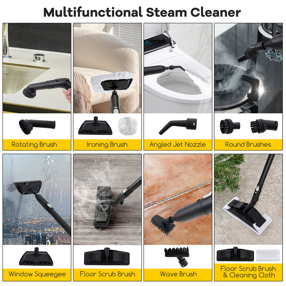 Rotating brush and window squeegee accessories for the Multipurpose Steam Cleaner, ideal for versatile household.