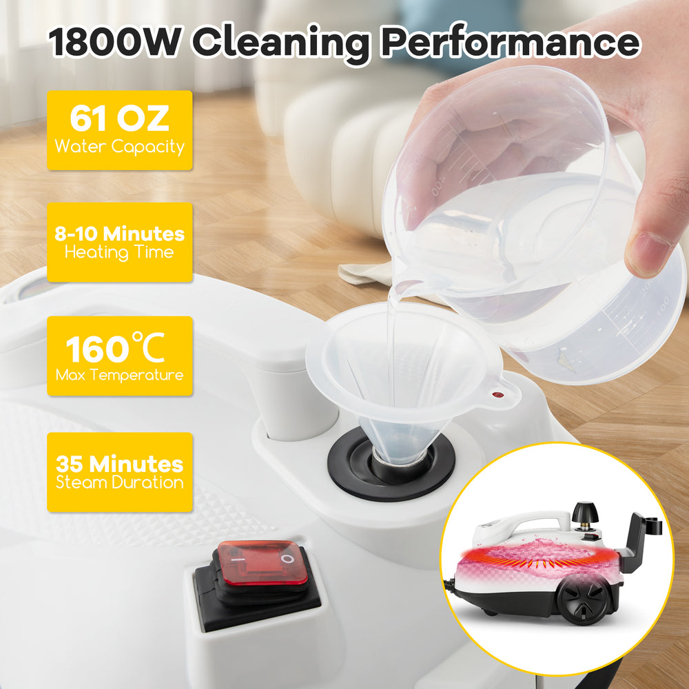 Close-up of the Multipurpose Steam Cleaner with 61 oz tank, showcasing the water filling process for efficient cleaning.