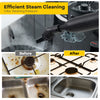 Multipurpose steam cleaner with a rotating brush, showcasing before and after cleaning results on a kitchen stove.