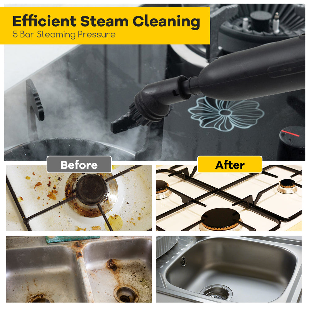 Multipurpose steam cleaner with a rotating brush, showcasing before and after cleaning results on a kitchen stove.