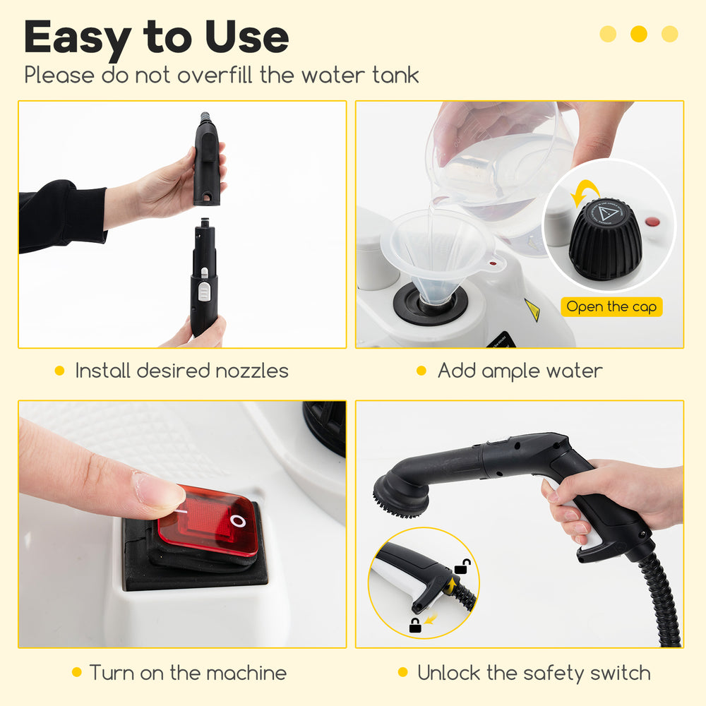 Multipurpose steam cleaner with 61 oz tank, featuring safety lock, pressure gauge, and various nozzles for efficient.