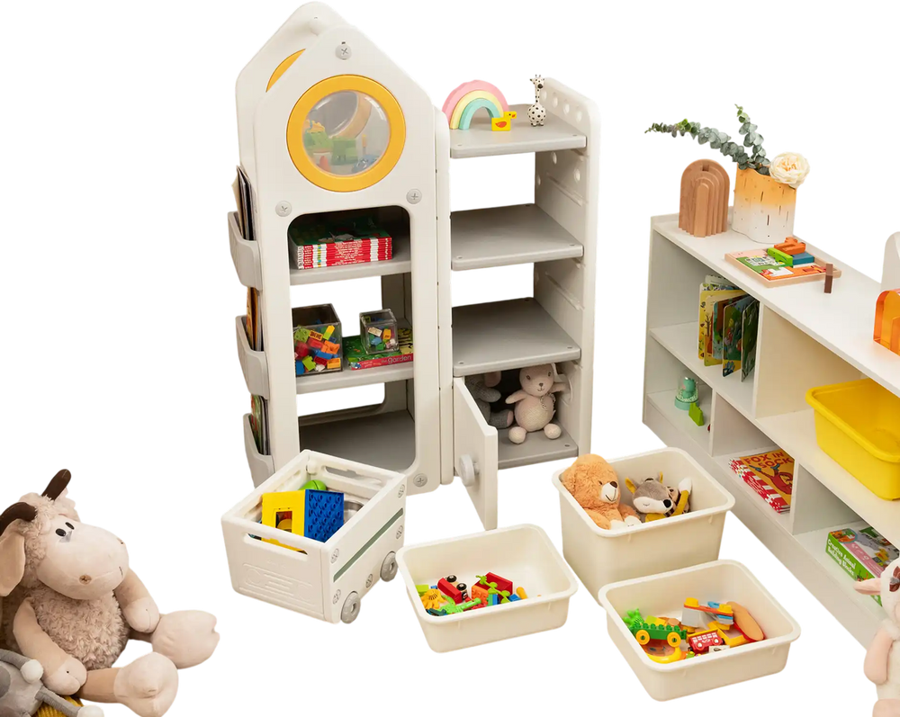 Multipurpose gray toy chest and bookshelf with mobile trolley, featuring organized storage for children's belongings.