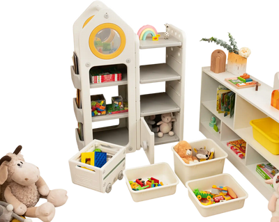 Costway Kids Toy Chest Bookshelf Mobile Trolley Gray 46719523 New