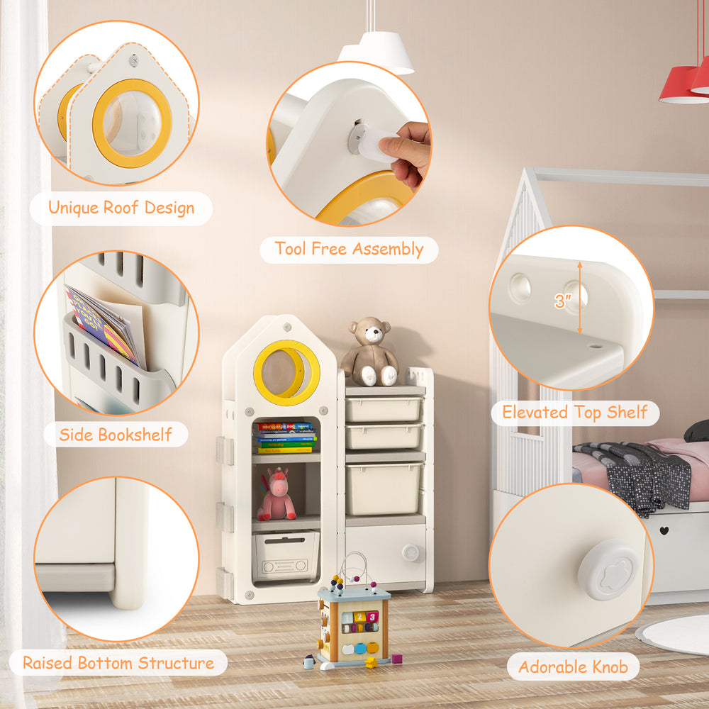 Multipurpose toy chest and bookshelf in gray with mobile trolley, featuring side bookshelves and secure design for.