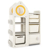 Multipurpose toy chest and bookshelf in gray with mobile trolley, featuring multiple storage bins for kids'.
