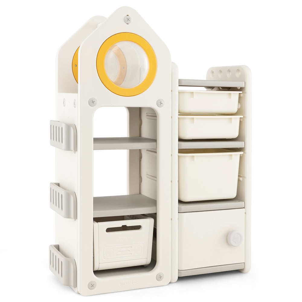 Multipurpose toy chest and bookshelf in gray with mobile trolley, featuring multiple storage bins for kids'.
