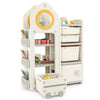 Multipurpose toy chest and bookshelf in gray with mobile trolley, ideal for kids' organization and easy access.