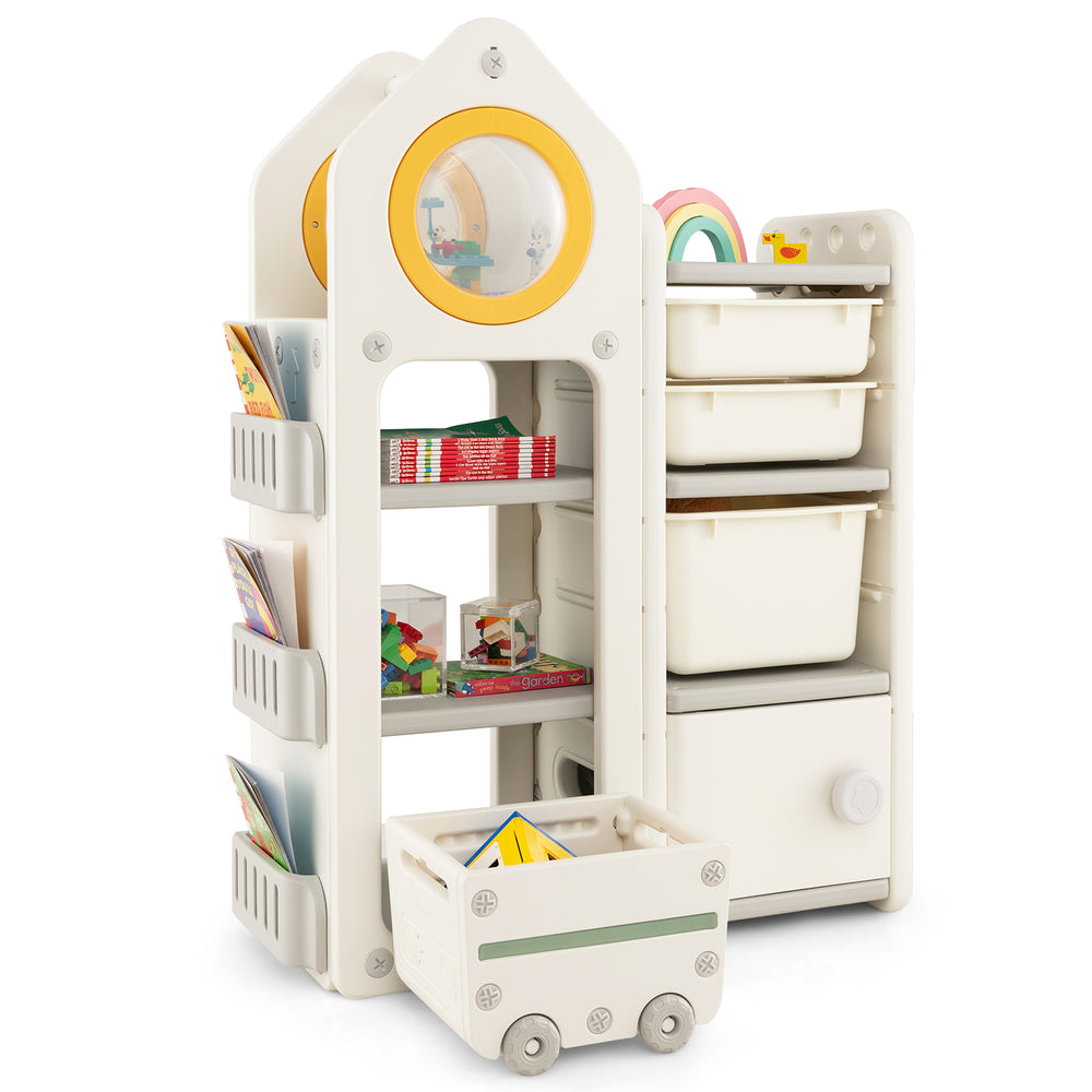 Multipurpose toy chest and bookshelf in gray with mobile trolley, ideal for kids' organization and easy access.