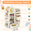Multipurpose gray toy chest and bookshelf with mobile trolley, featuring 3 side bookshelves and large storage bin for.