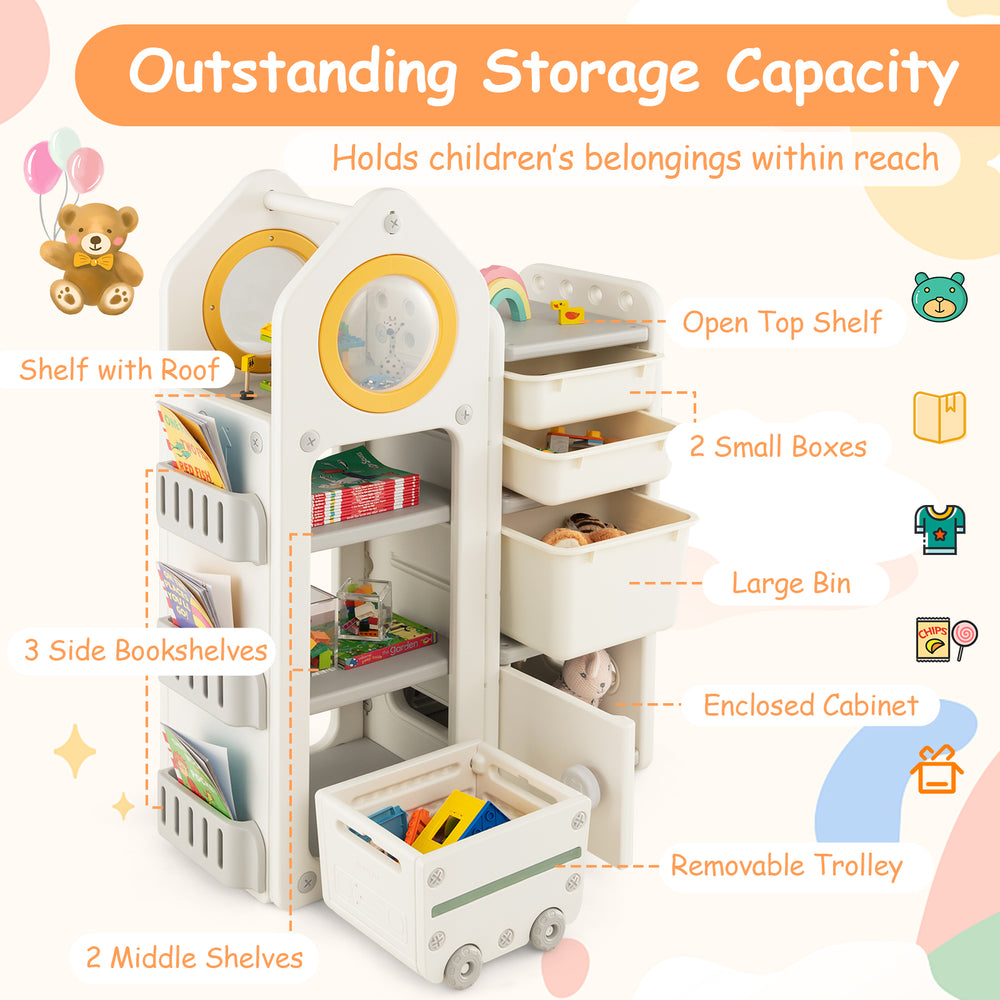 Multipurpose gray toy chest and bookshelf with mobile trolley, featuring 3 side bookshelves and large storage bin for.