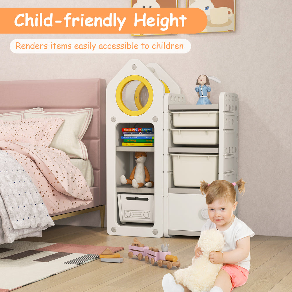 Multipurpose toy chest and bookshelf in gray with mobile trolley, designed for child-friendly organization and easy.
